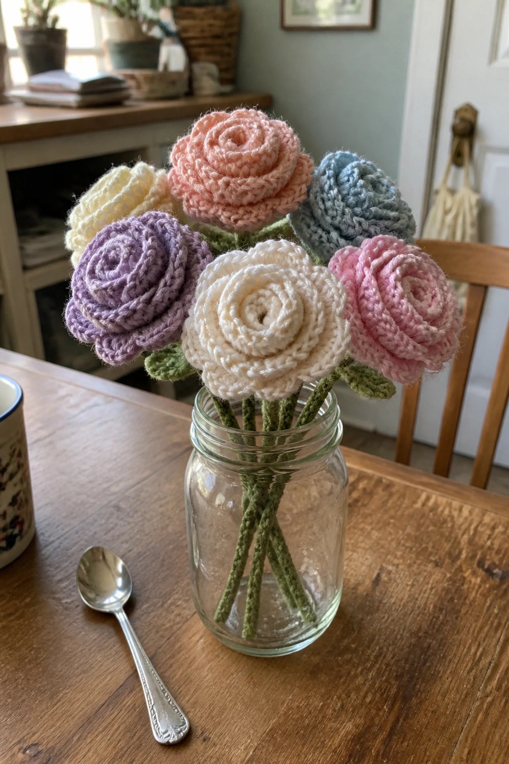 Colorful crocheted roses with green stems in a clear glass jar on wood
