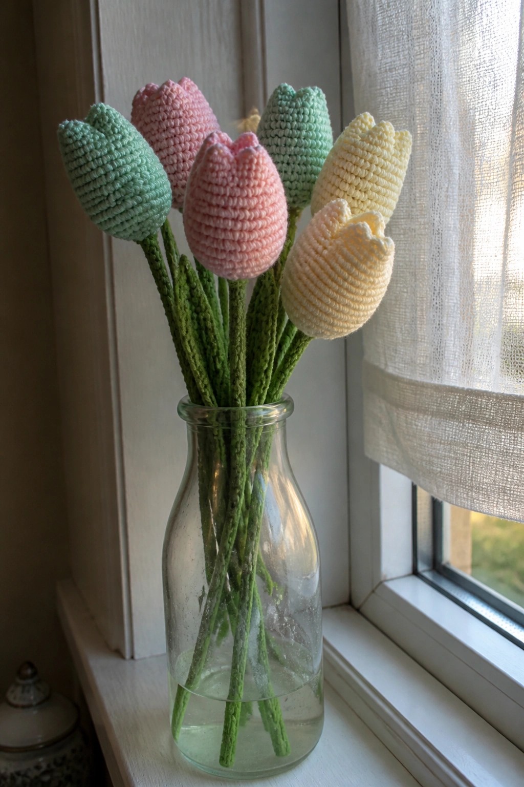 Pastel crocheted tulips in pink, green, and yellow in a glass vase on a windowsill.