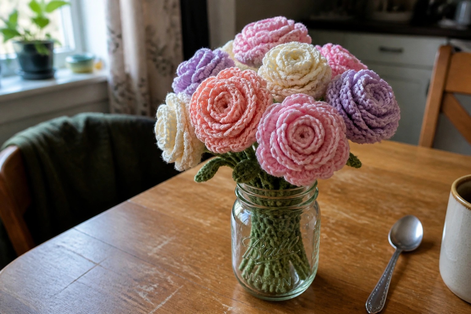 Colorful crocheted roses with green stems in a clear glass jar on wood