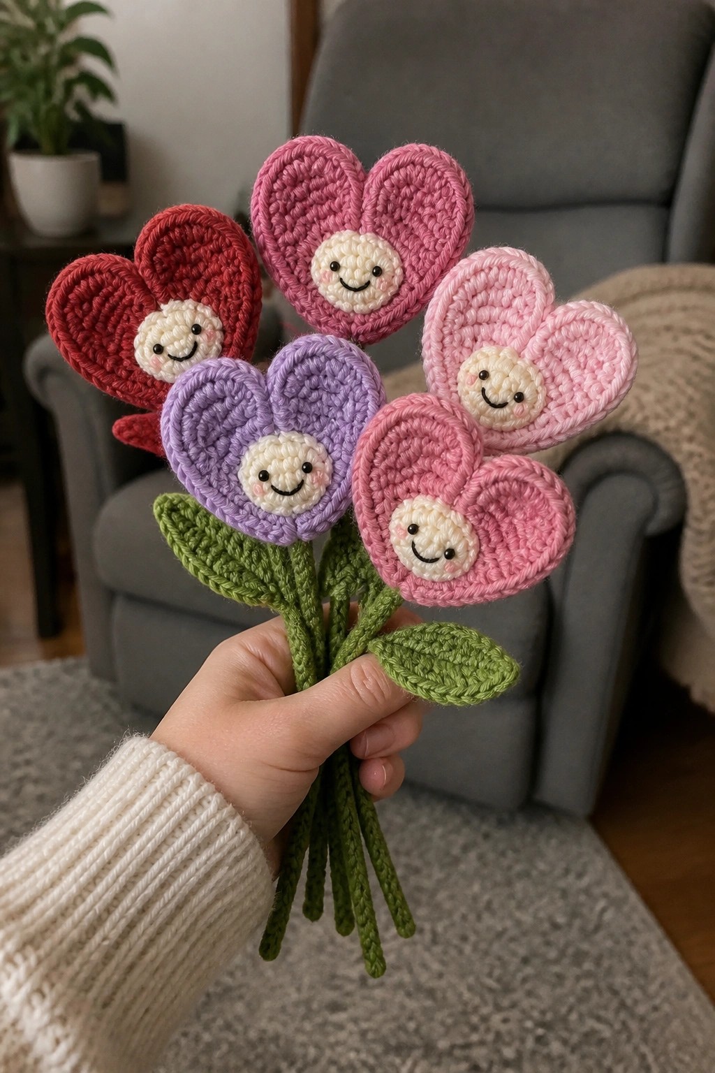 Hand in white sweater holding colorful crocheted heart flowers with smiling faces.