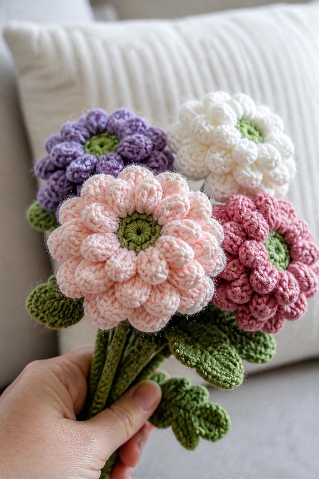 A hand holds a bouquet of crocheted flowers in pink, purple, white, and magenta with green centers and leaves.