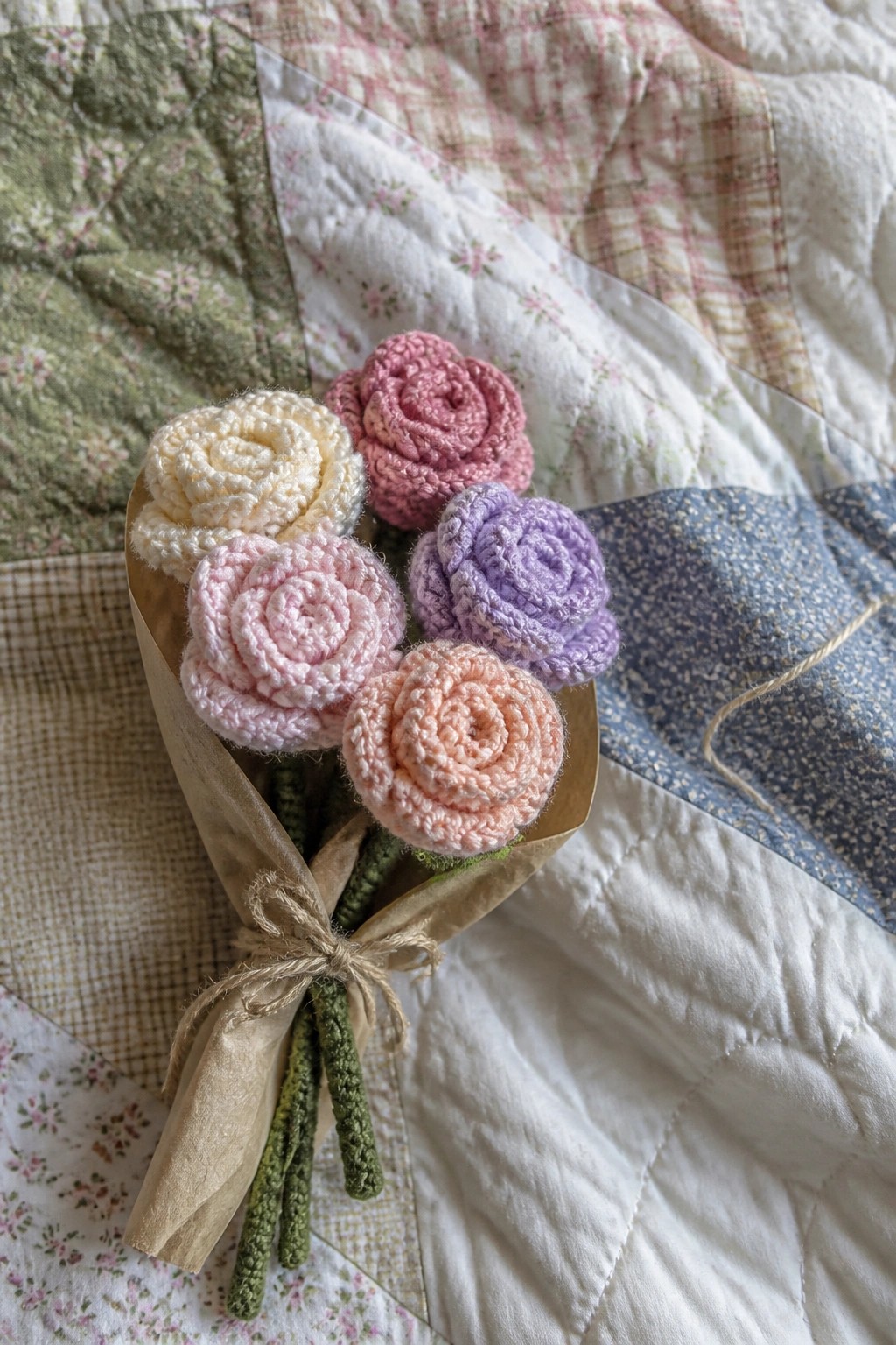 Pastel crocheted roses bouquet wrapped in paper on floral quilt.