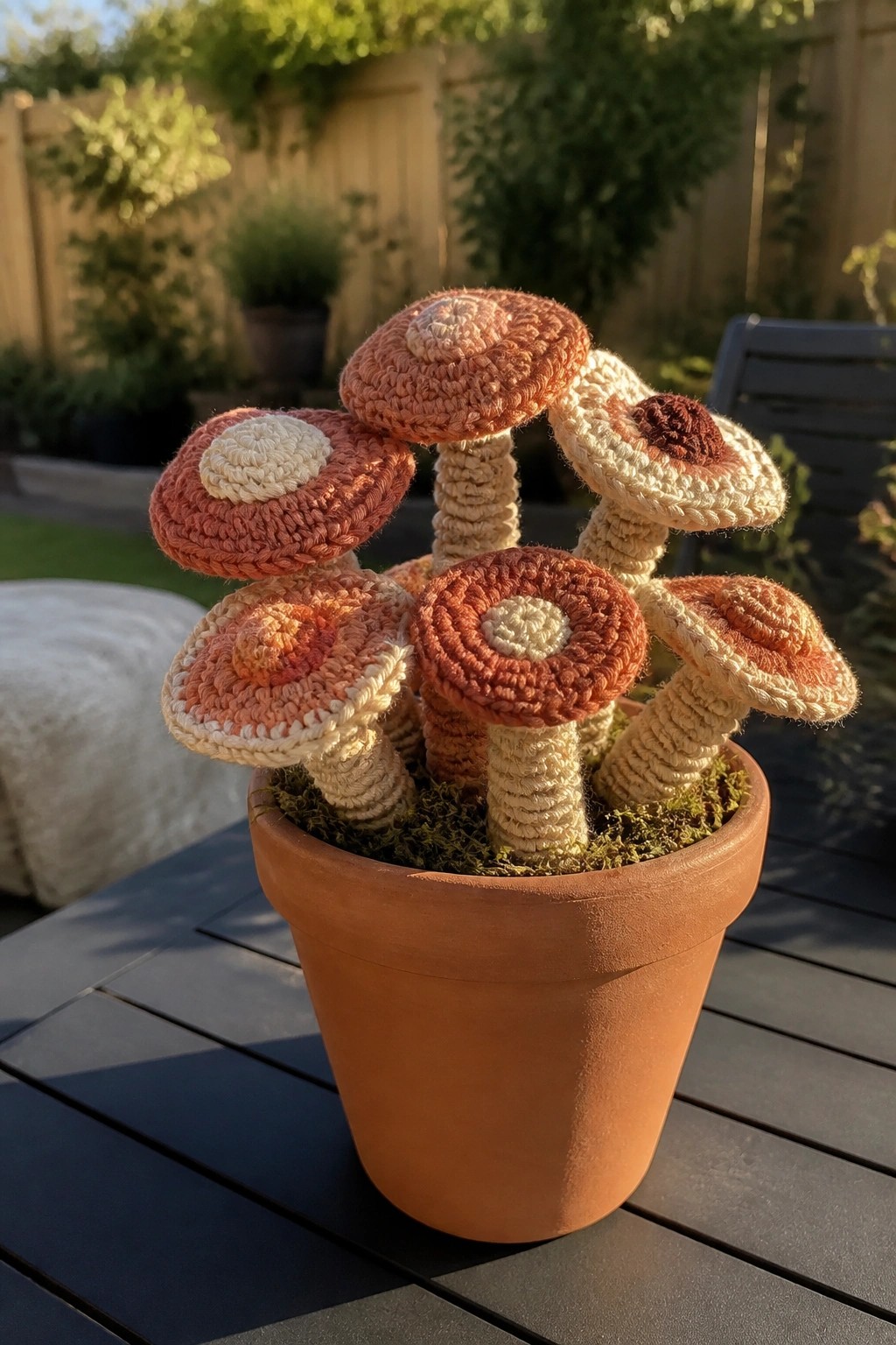Crocheted mushrooms in orange and beige tones fill a terracotta pot on a table.