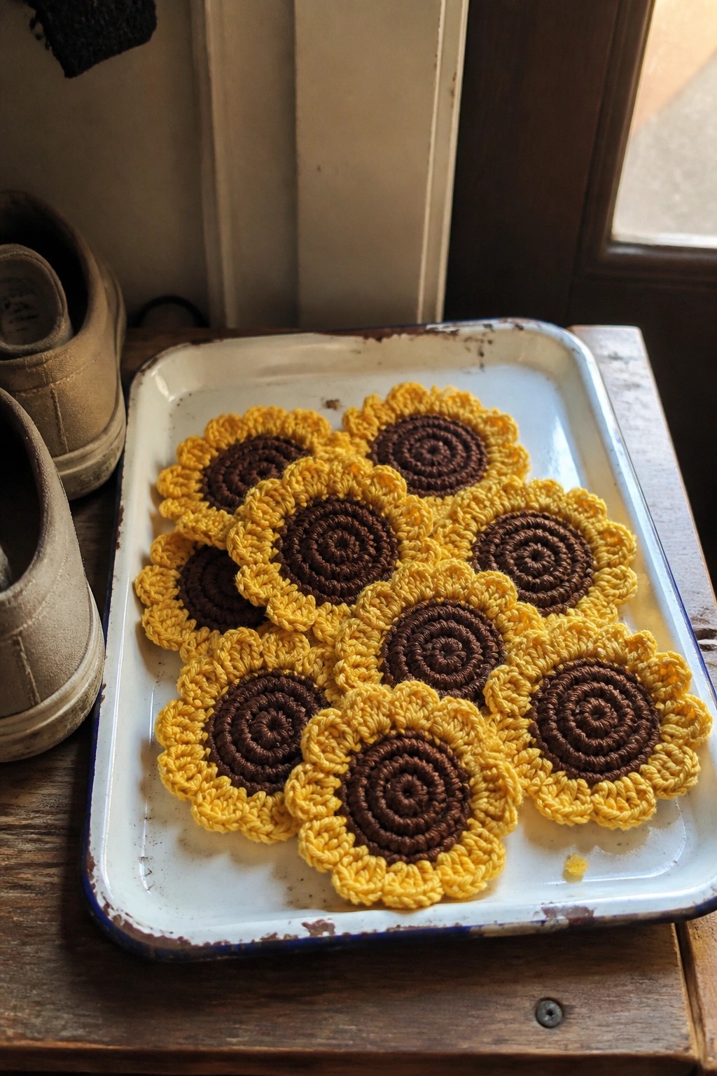 Yellow and brown crocheted sunflower coasters on a worn white enamel tray.