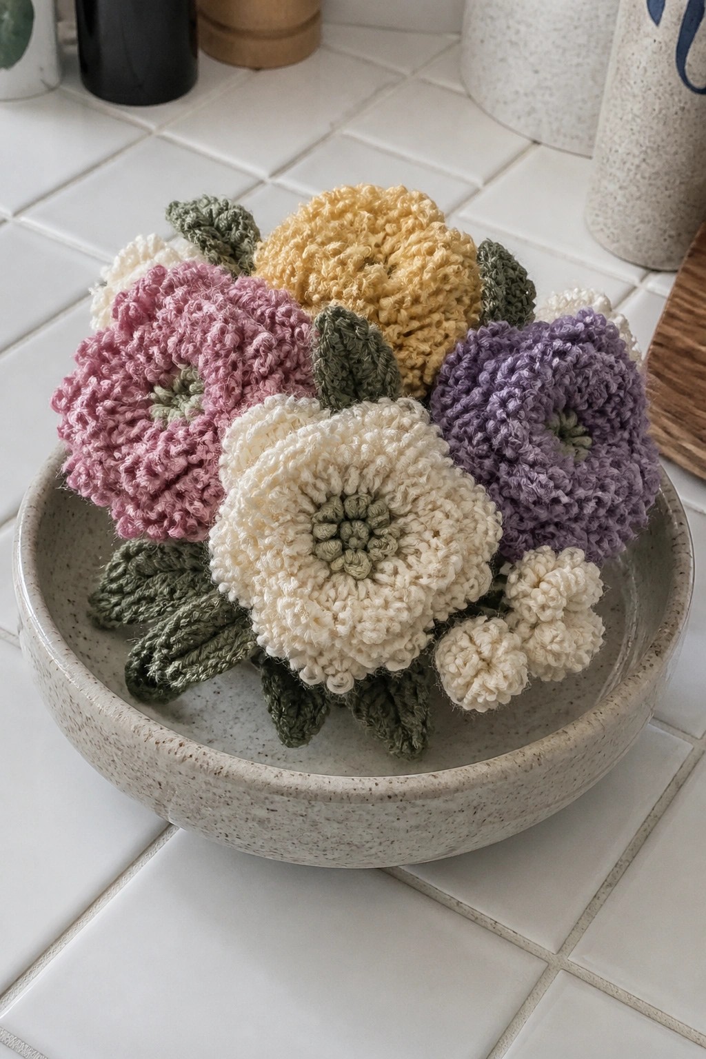 Crocheted pink, yellow, purple, and white flowers with leaves in a ceramic bowl
