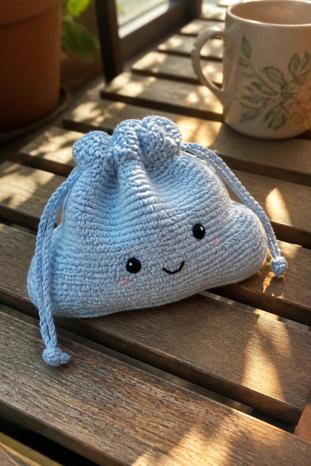 Light blue crocheted drawstring pouch with smiling face on wooden table beside mug