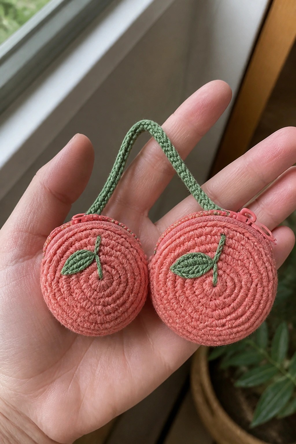 Hand holding two pink crocheted cherry-shaped coin purses joined by green strap.