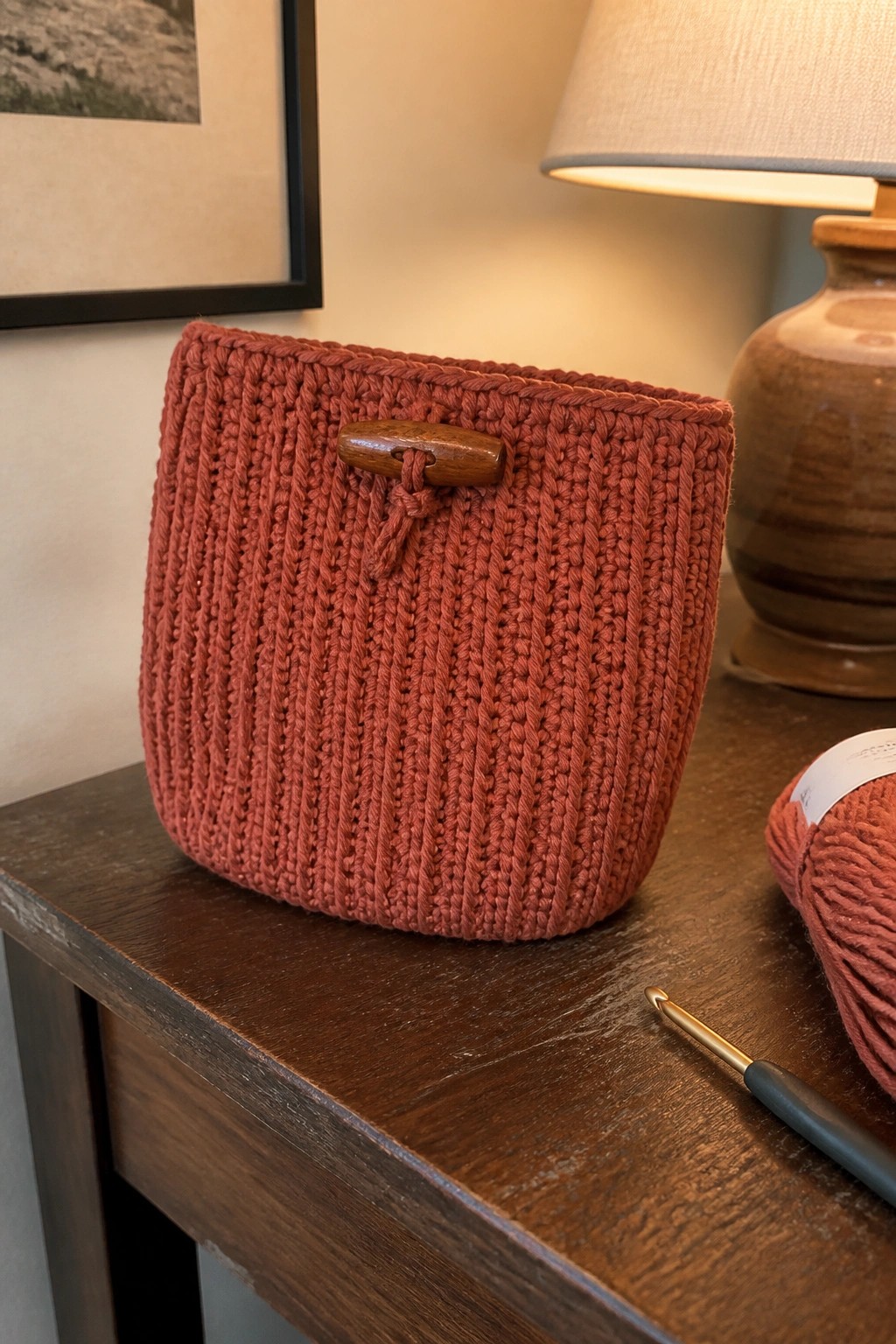 Rust crocheted pouch with wooden toggle button on table beside yarn and hook.