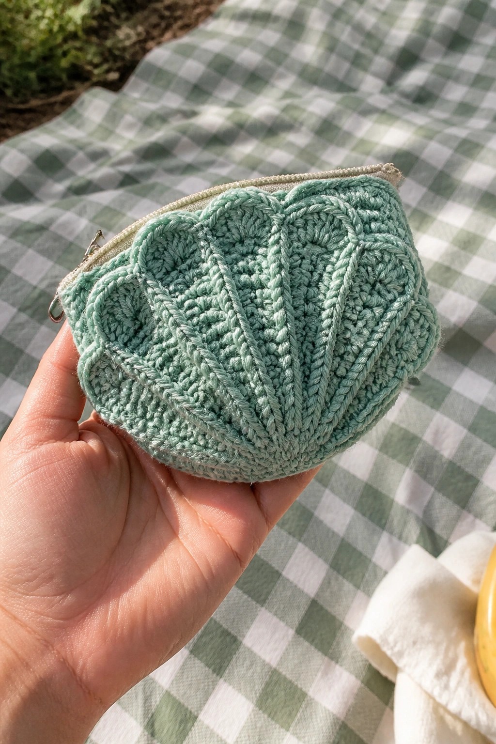 Hand holding mint green crocheted shell-shaped pouch over checkered picnic blanket.