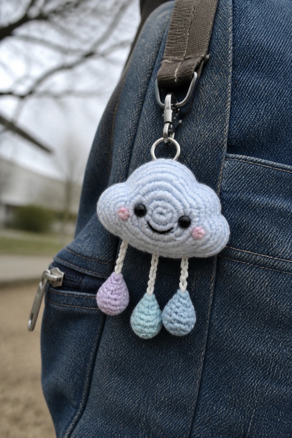 Light blue crocheted cloud keychain with smiling face and raindrop tassels on denim backpack