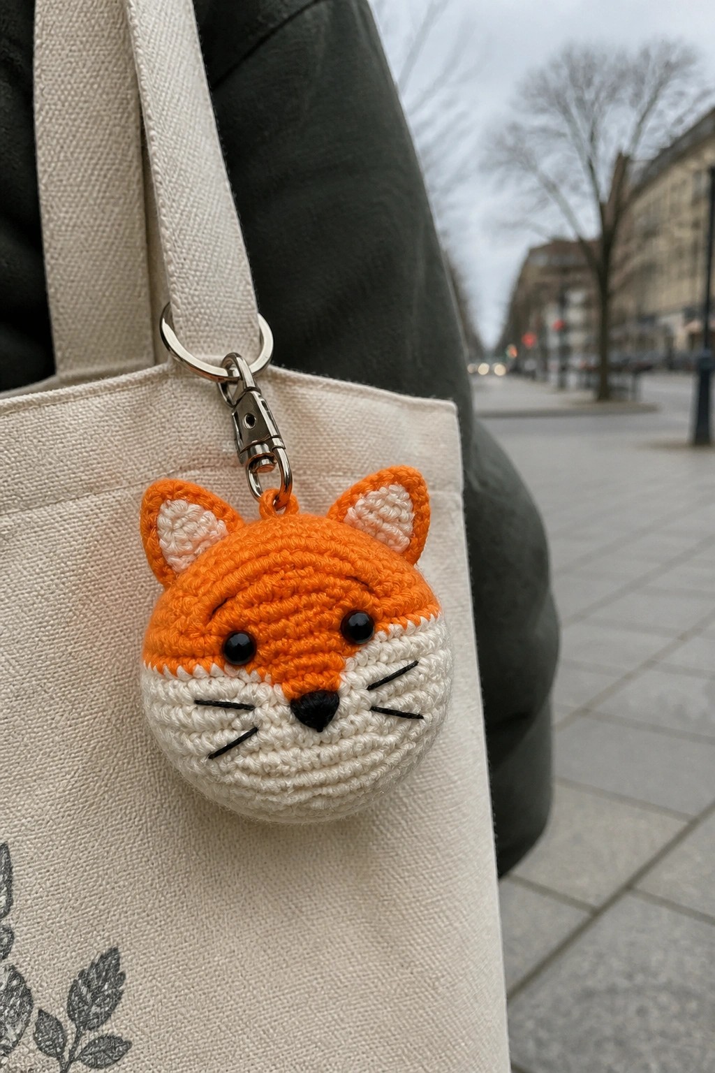 Crocheted orange fox keychain on beige canvas tote bag along city sidewalk