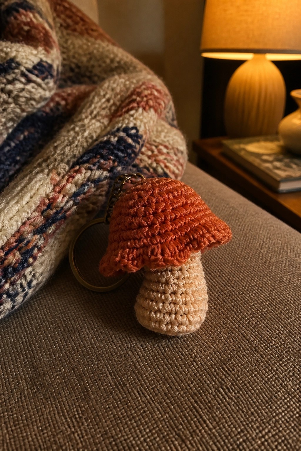 Crocheted mushroom keychain with orange cap and beige stem on brown fabric.