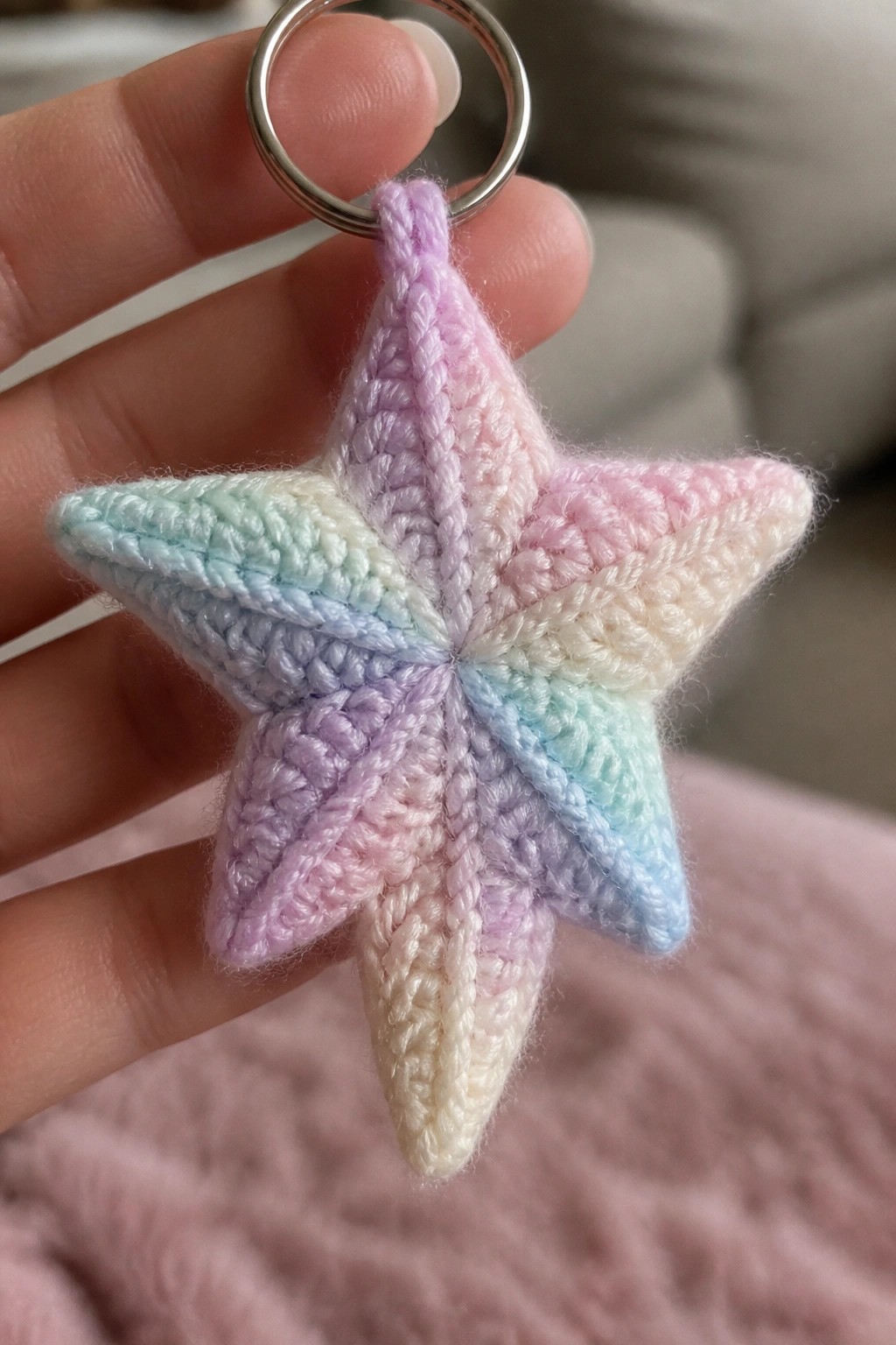 Hand holding pastel rainbow crocheted star keychain on silver ring.