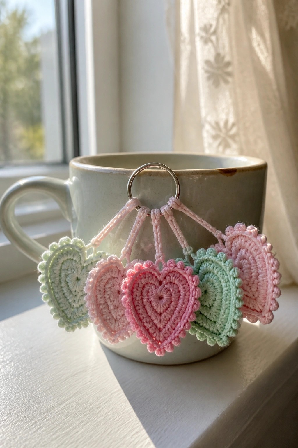 Pastel crocheted hearts on pink cords hang from ring on ceramic mug