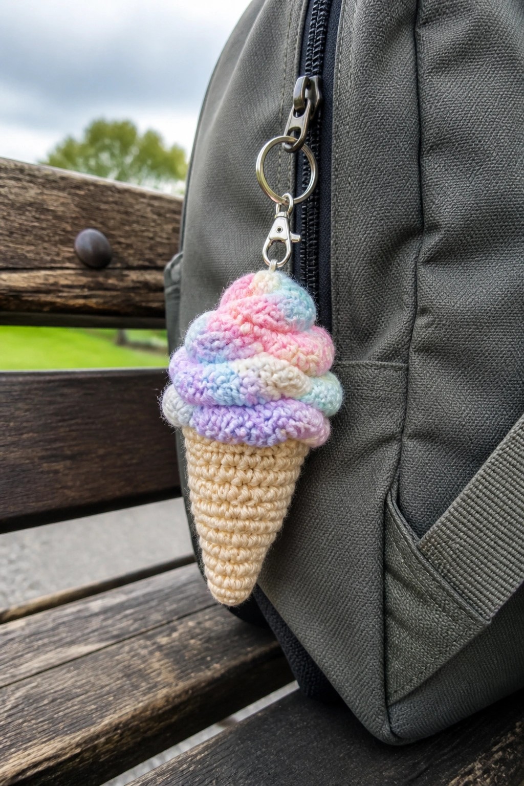 Pastel rainbow crocheted ice cream cone keychain on gray backpack zipper atop wooden bench