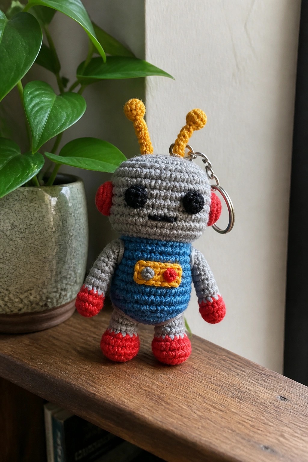 Crocheted gray robot keychain with red limbs, blue torso, yellow antennae on wooden shelf.