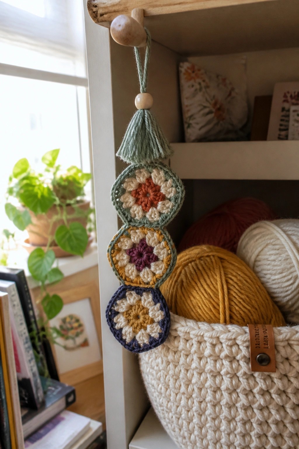 Crocheted circular motifs with tassel hanging beside a basket of yarn skeins.