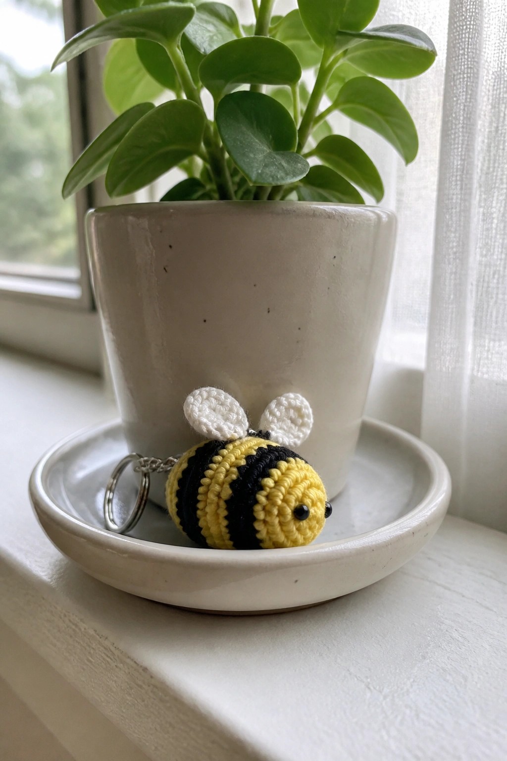 Crocheted yellow-black bee keychain on white saucer near potted plant