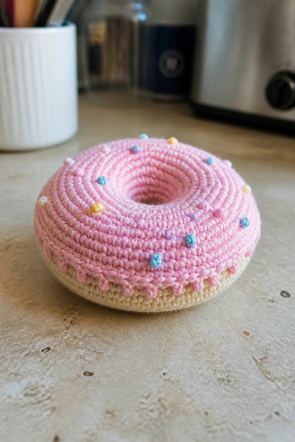 Pink crocheted donut with colorful sprinkles and icing on kitchen counter