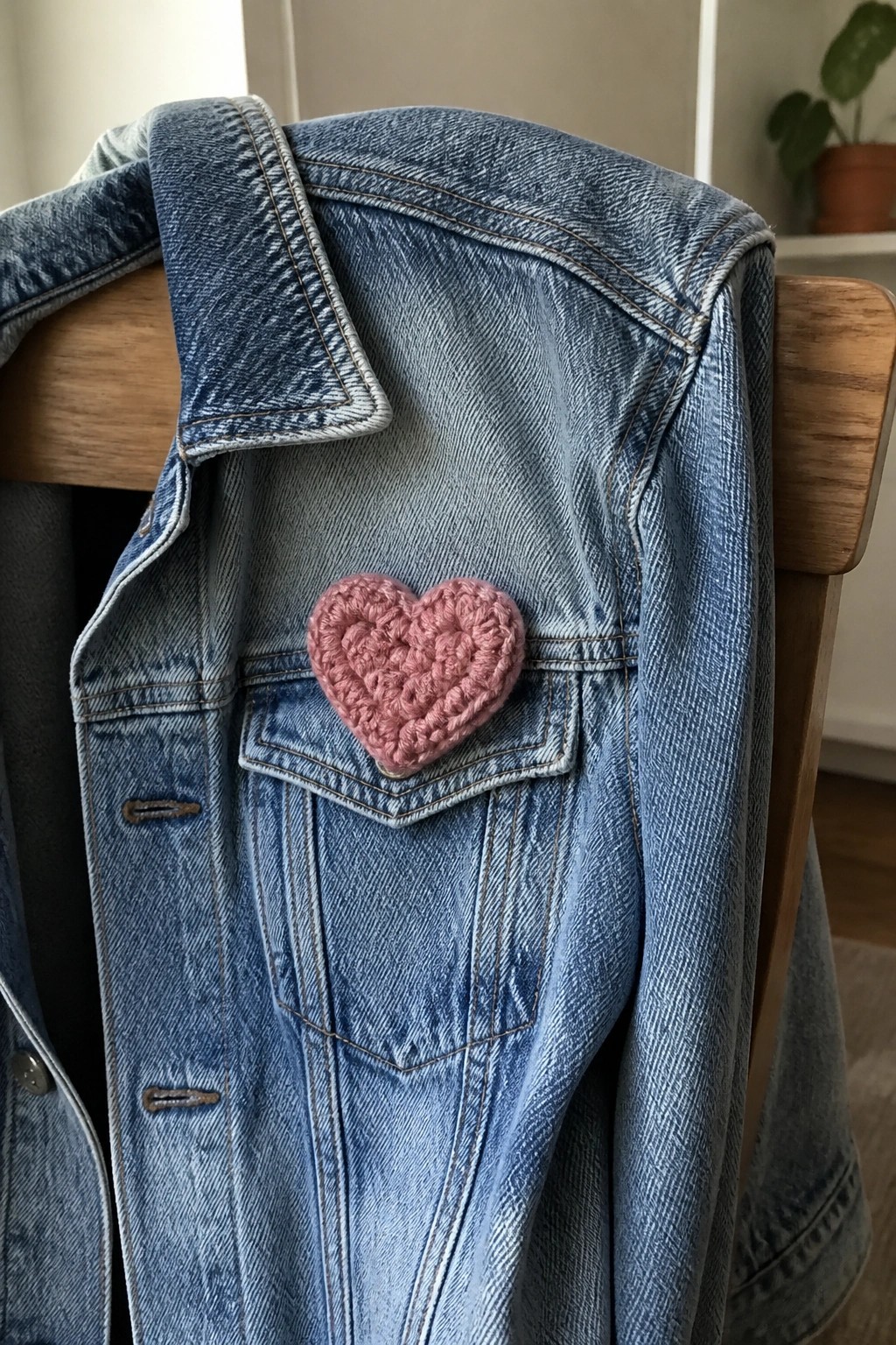 Light blue denim jacket with pink crocheted heart patch on wooden chair.