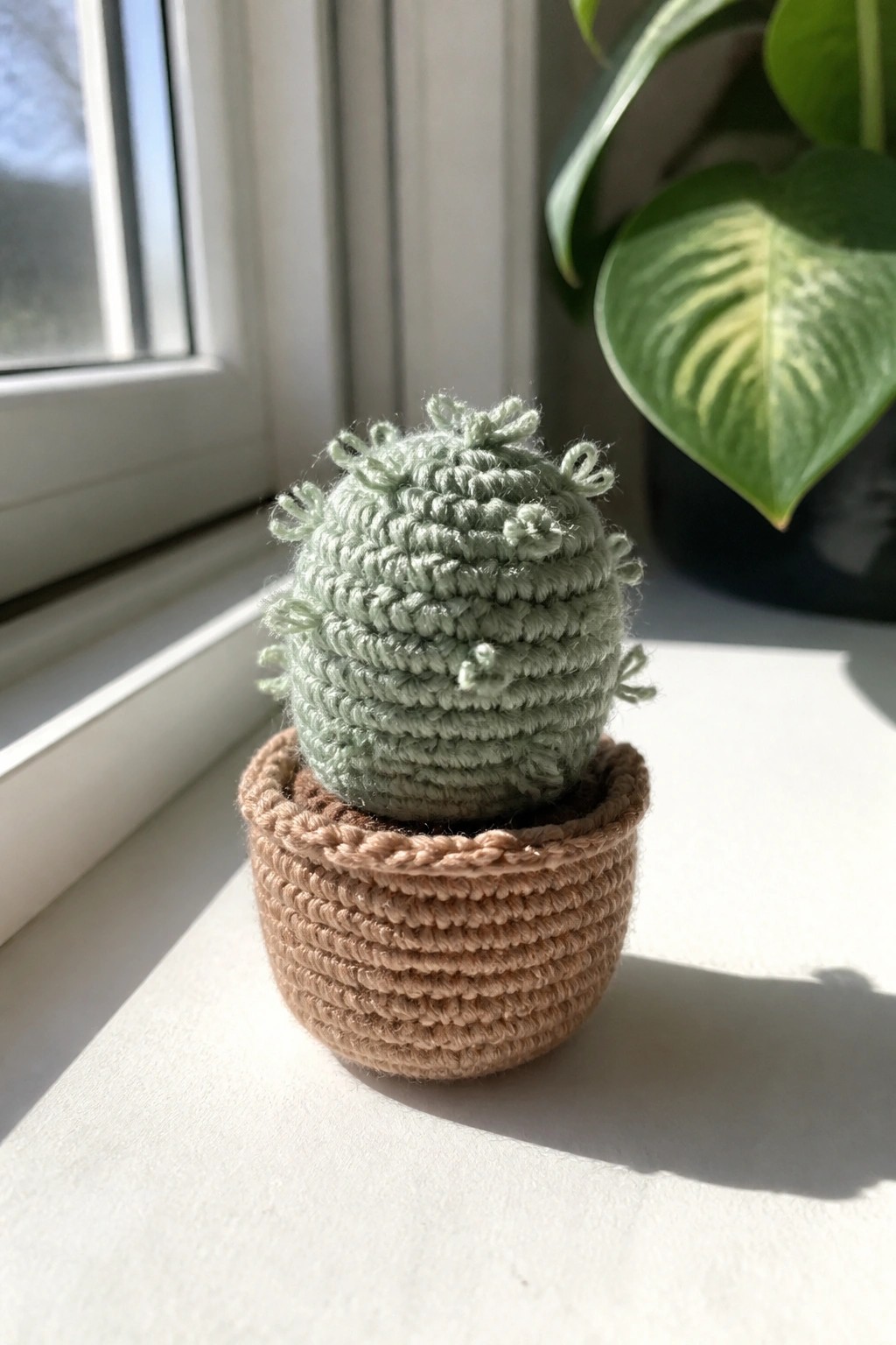 Crocheted light green cactus in beige pot on sunny windowsill with plant