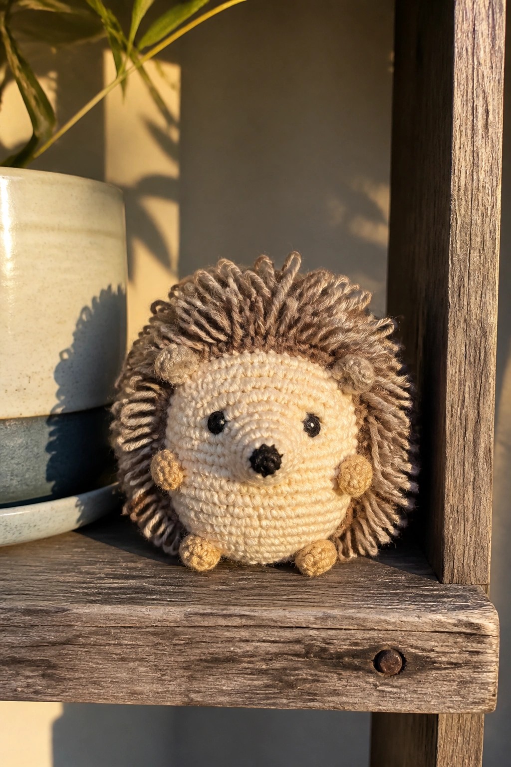 Crocheted hedgehog toy on sunlit wooden shelf beside ceramic plant pots