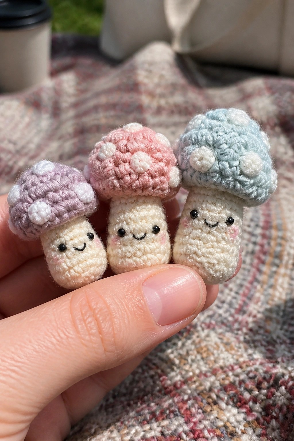 A hand holding three tiny crocheted mushrooms with pastel caps and embroidered faces.