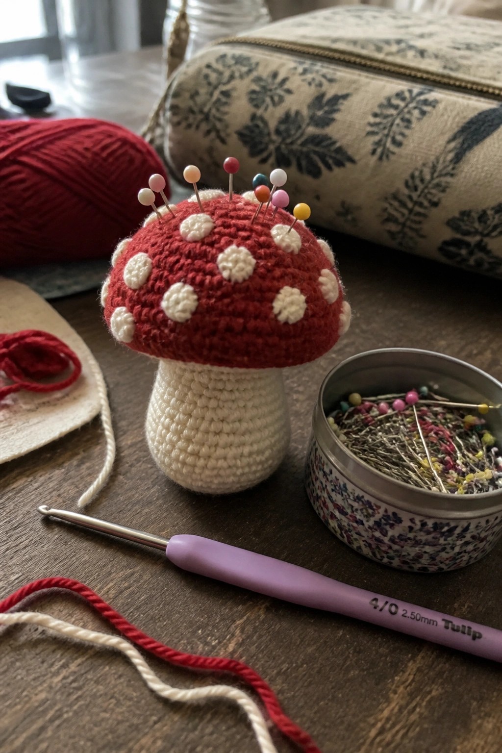 Crocheted red mushroom pincushion with pins, yarn, hook, and crafting supplies on table