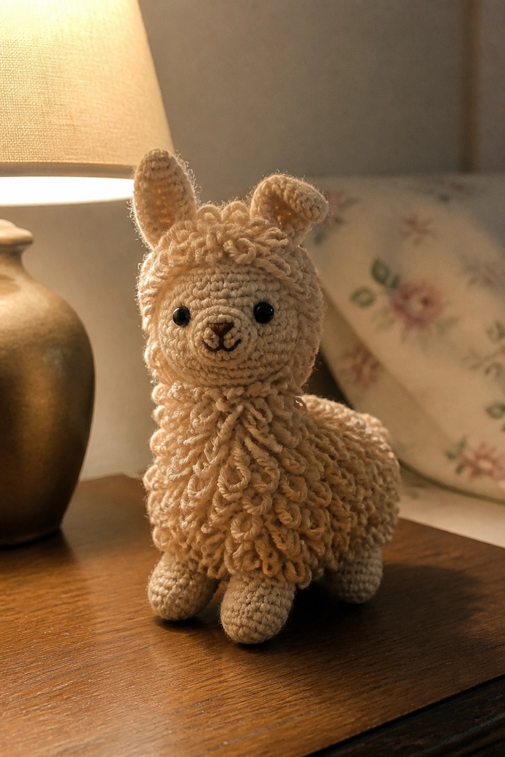 Beige crocheted llama toy with curly yarn on wooden table beside lamp