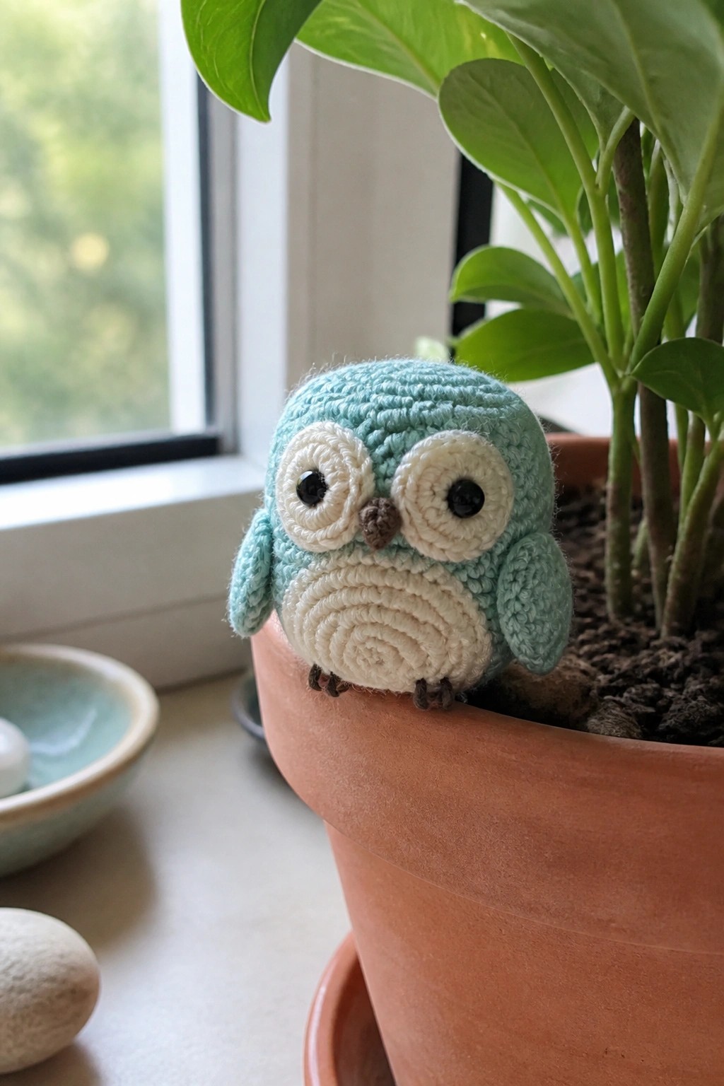 Crocheted turquoise owl with white eyes on terracotta potted plant rim