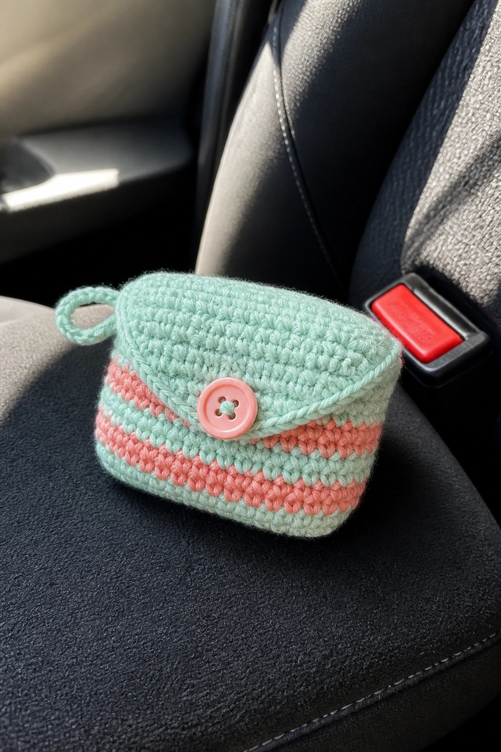 A small mint green and coral striped crocheted pouch with a pink button flap rests on a car seat.