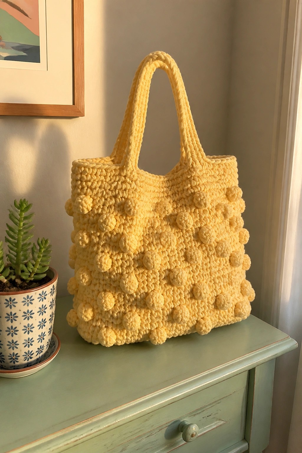 Yellow crocheted tote bag with pom-poms on green dresser beside potted plant.