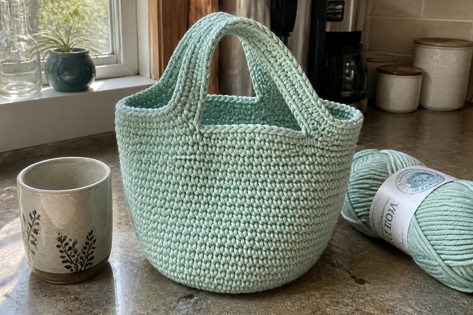 Mint green crocheted tote bag beside matching yarn on kitchen counter