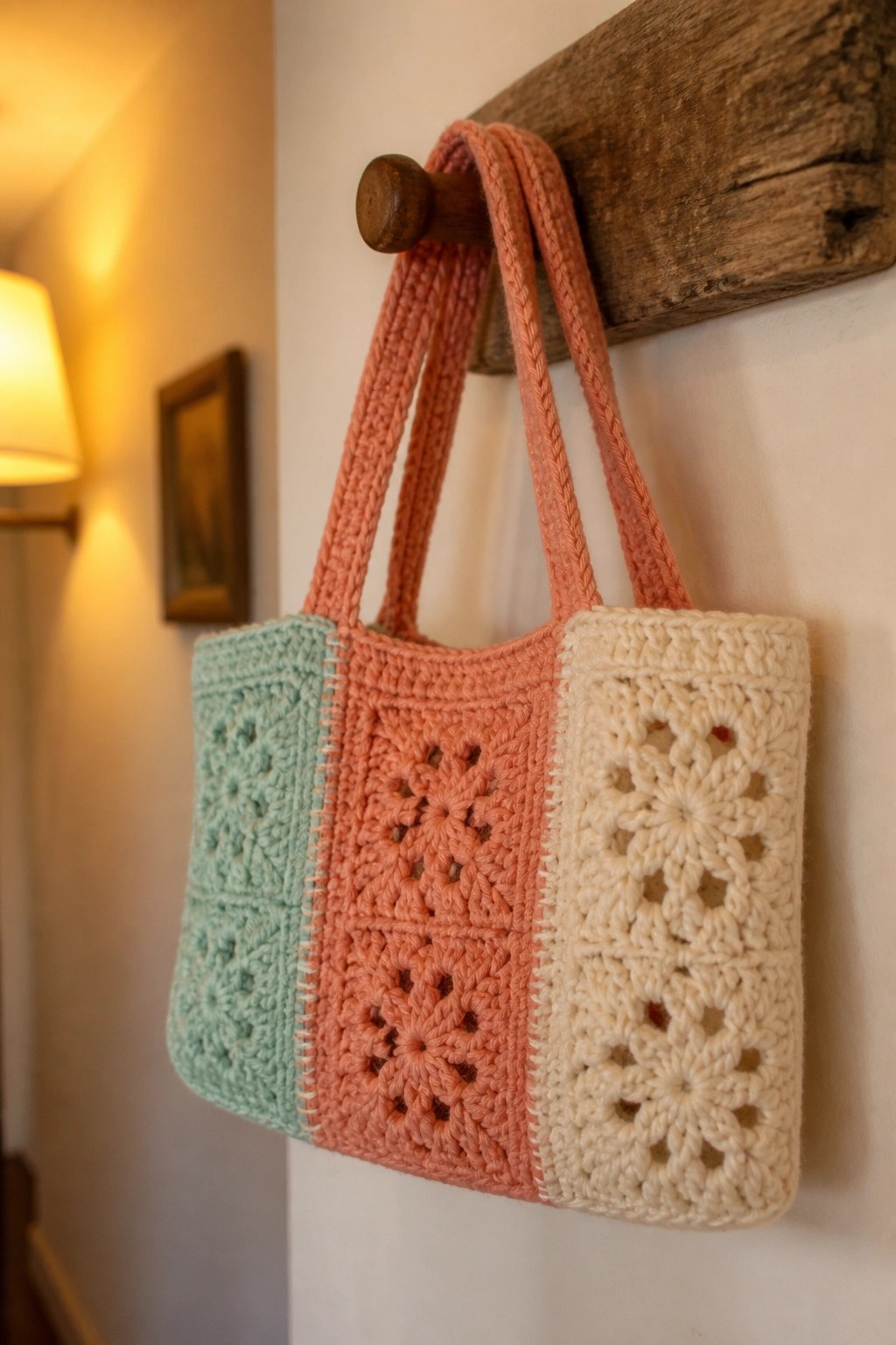 Colorful granny square crochet tote bag in mint, coral, and cream on wooden hook.