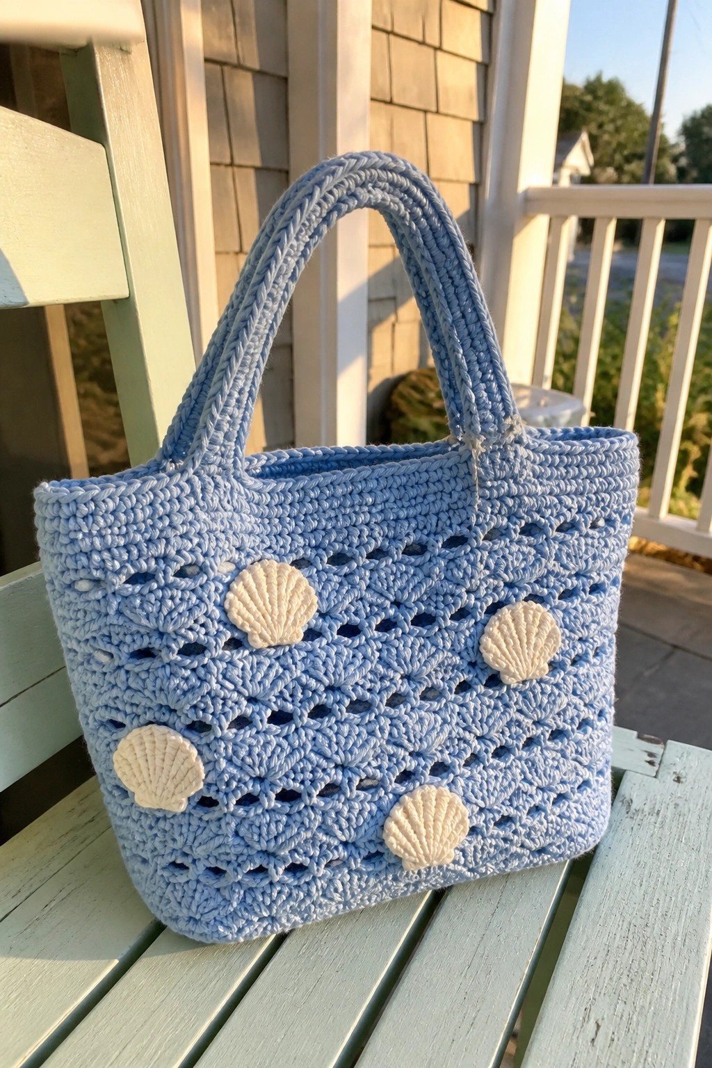 Light blue crocheted handbag with white seashells on green wooden bench