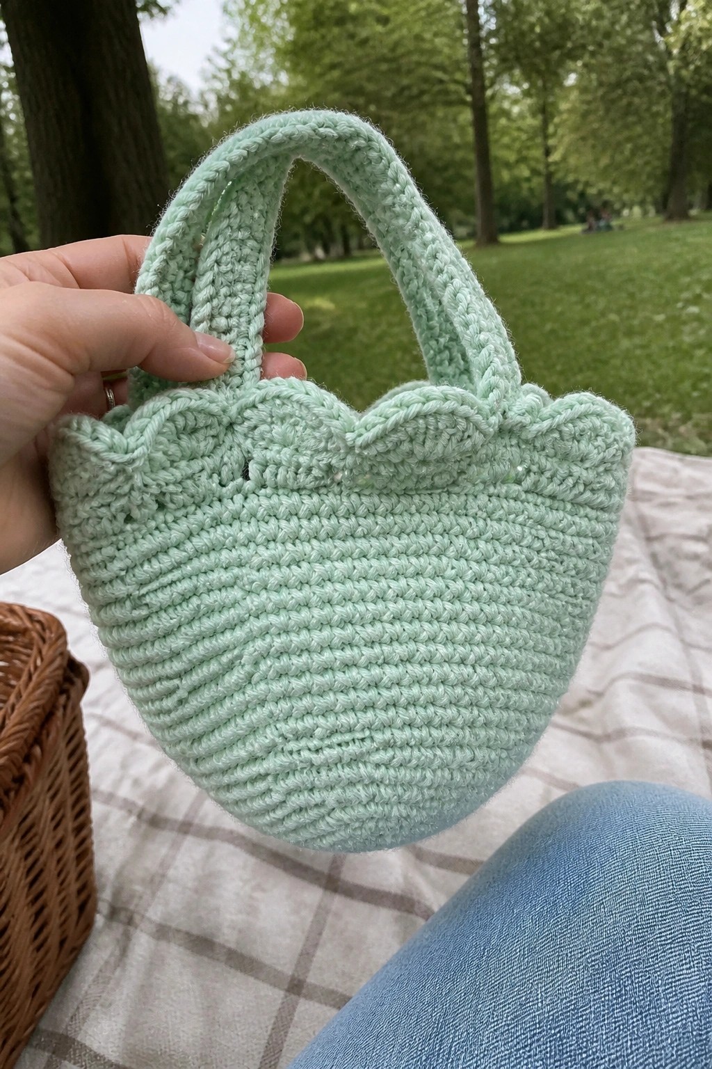 Hand holding mint green crocheted bag with scalloped edge on picnic blanket outdoors