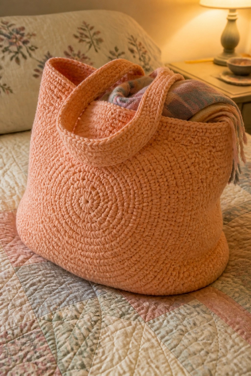 Peach crocheted tote bag with spiral pattern on floral patchwork quilt