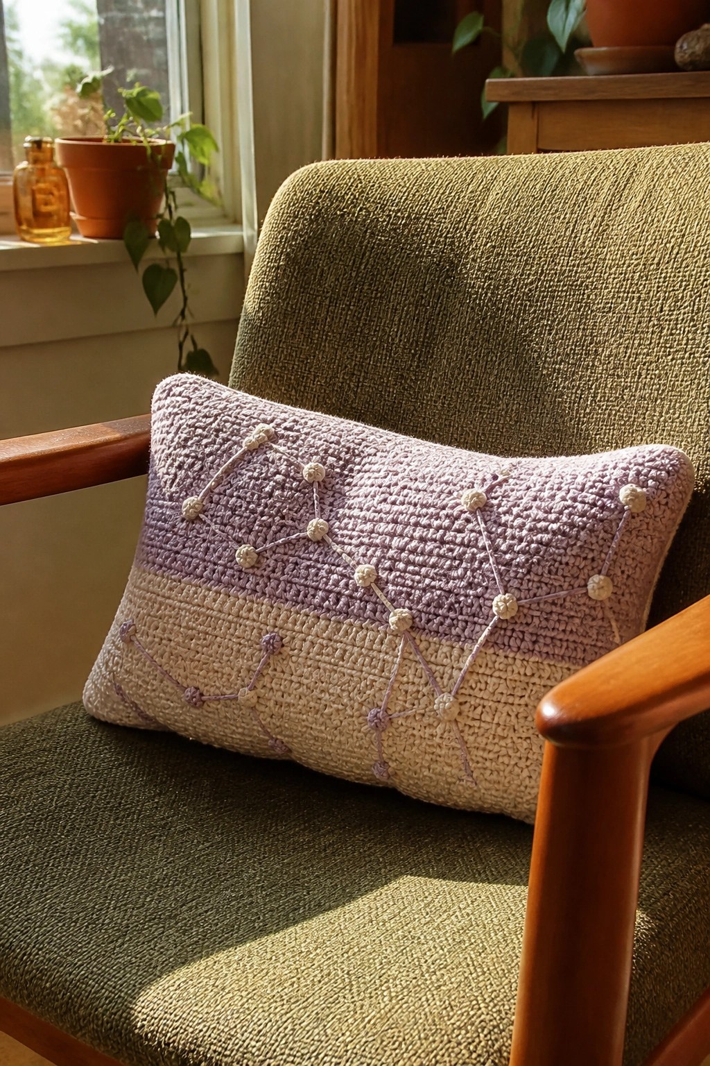 Purple and beige crocheted pillow with pom-pom embroidery on green armchair by window