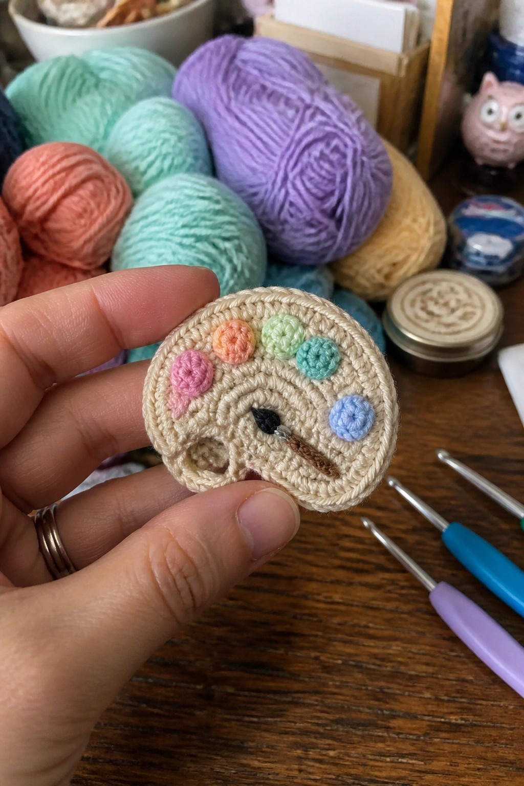 Hand holding crocheted artist's palette with colorful dabs amid yarn and hooks
