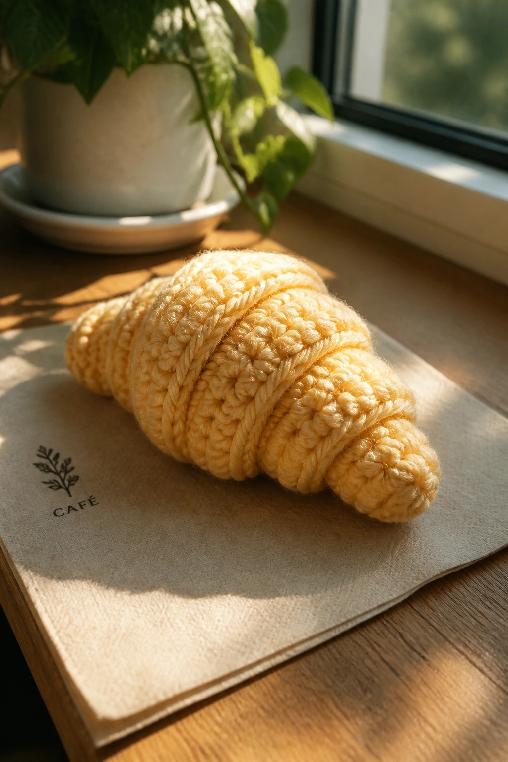 Yellow crocheted croissant on café napkin atop sunlit wooden table with plant nearby