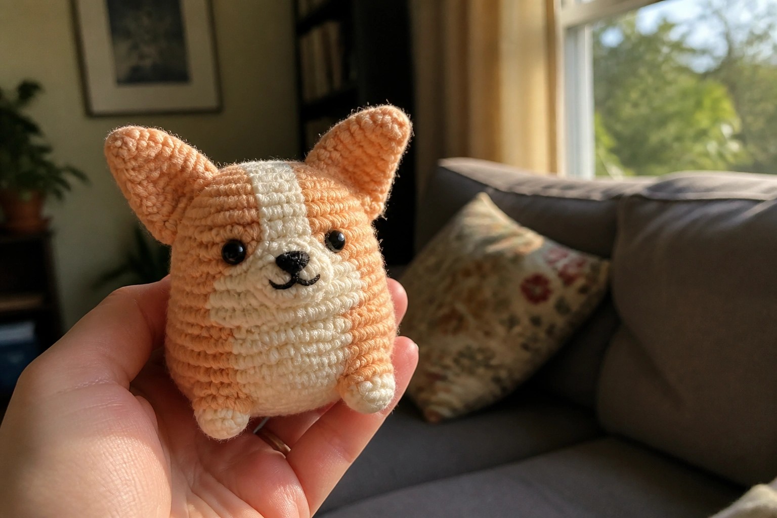 Hand holding small crocheted corgi toy with beige fur and white muzzle.