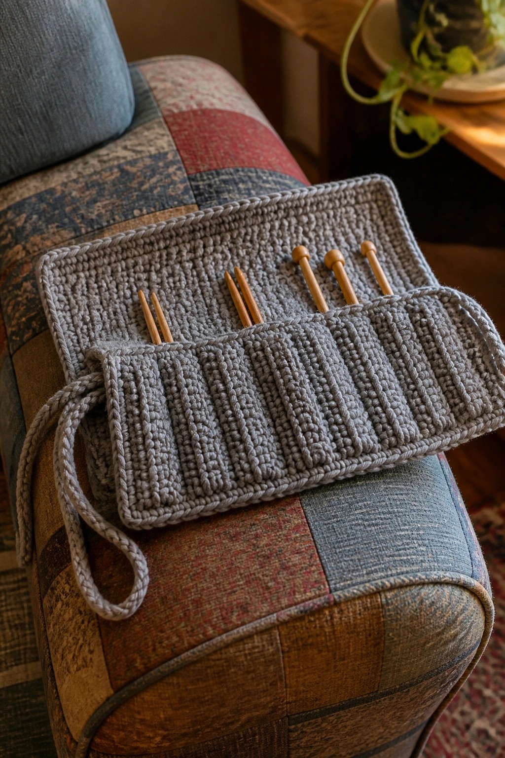 Gray knitted needle case with wooden knitting needles on patchwork ottoman.
