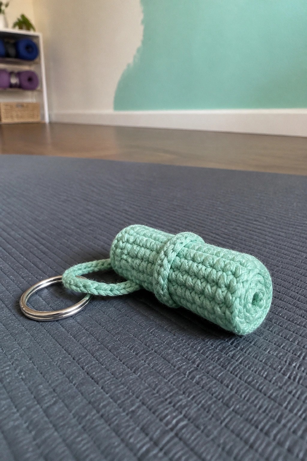 Mint green crocheted yoga mat keychain with ring on gray exercise mat