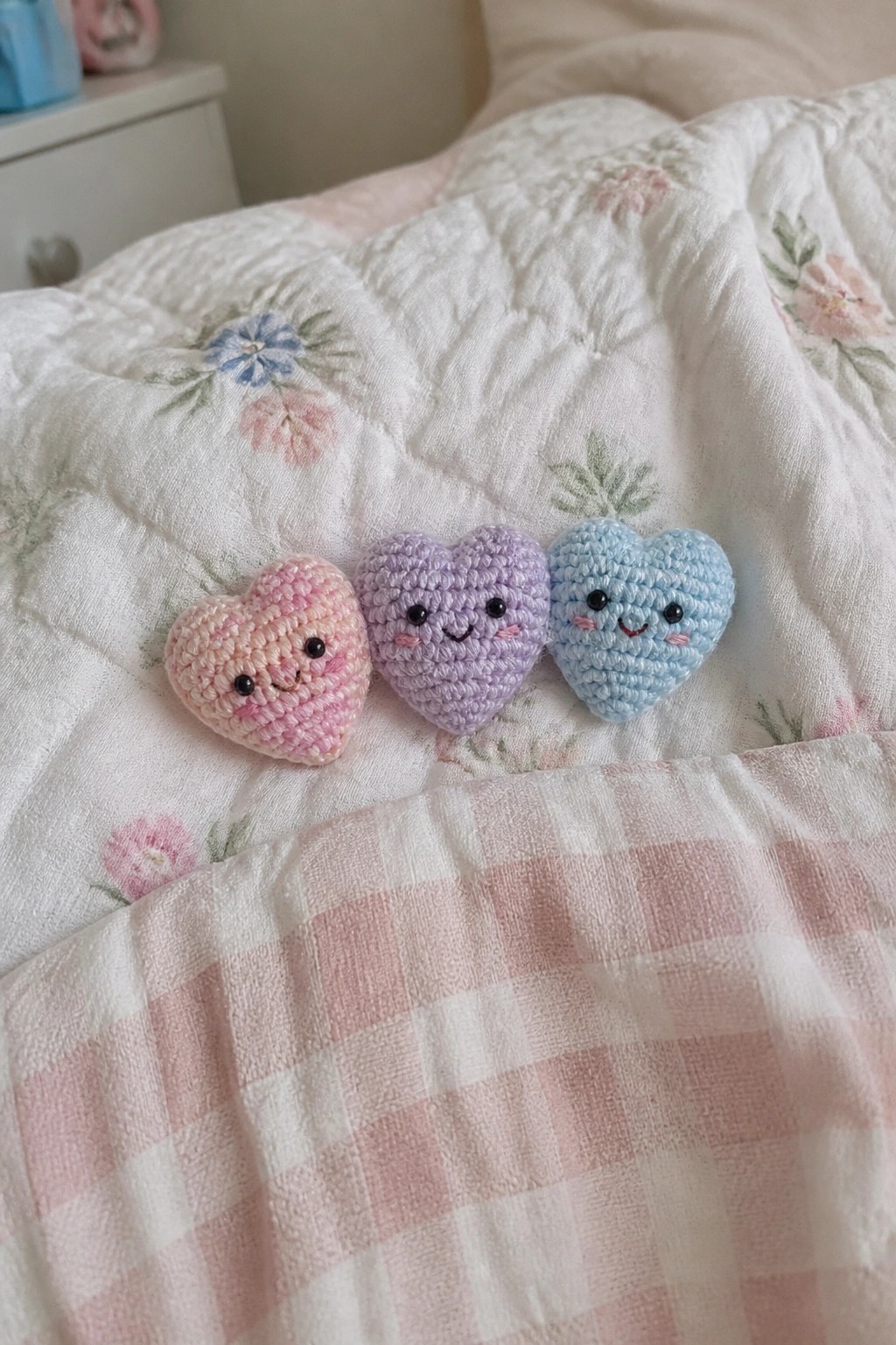 Three pastel crocheted hearts with smiling faces on a floral quilt.