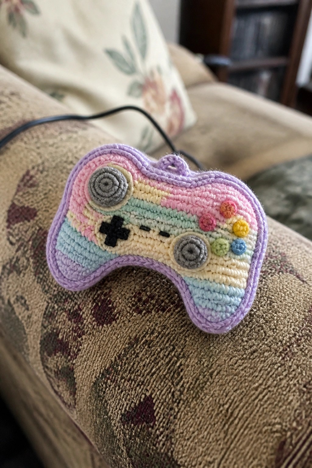 Crocheted pastel rainbow game controller on patterned couch fabric.