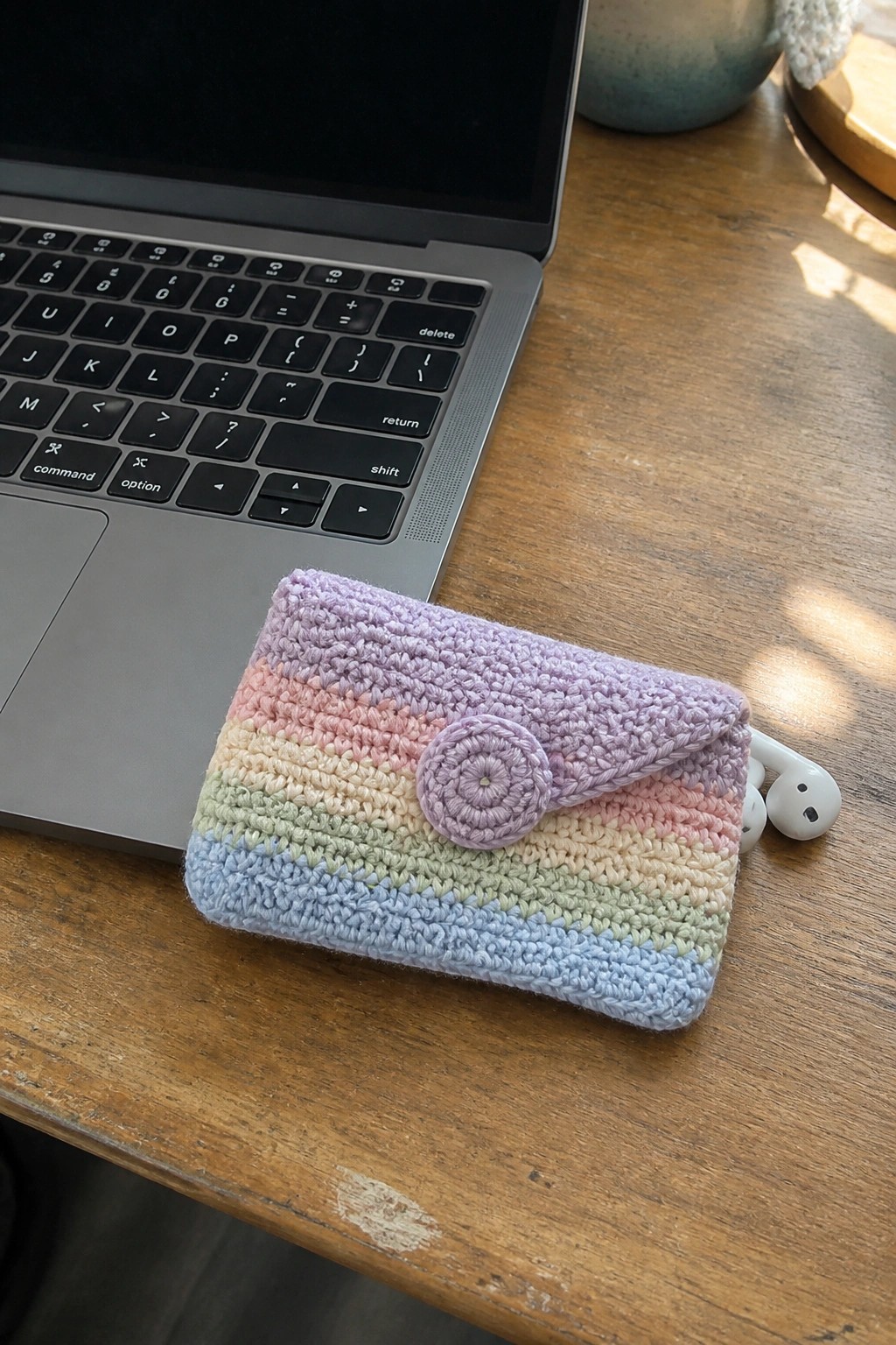 Rainbow crocheted pouch with button on wooden desk beside laptop and earbuds