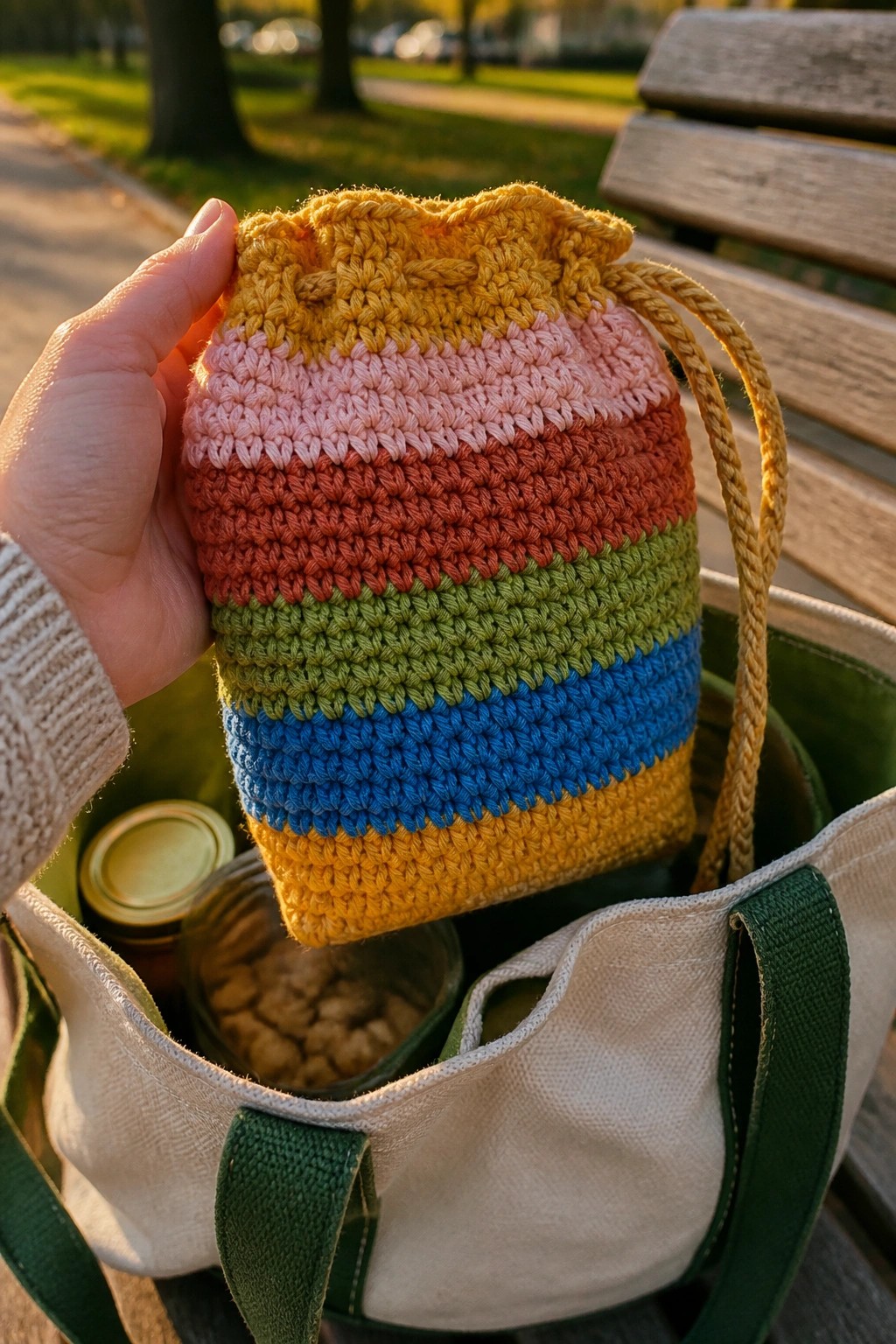 Hand holding rainbow crocheted drawstring pouch over canvas tote on park bench