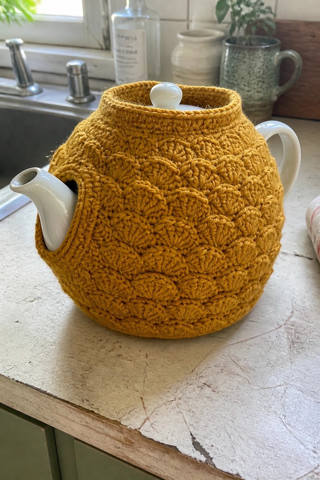 Yellow knitted tea cozy with cable pattern on white ceramic teapot