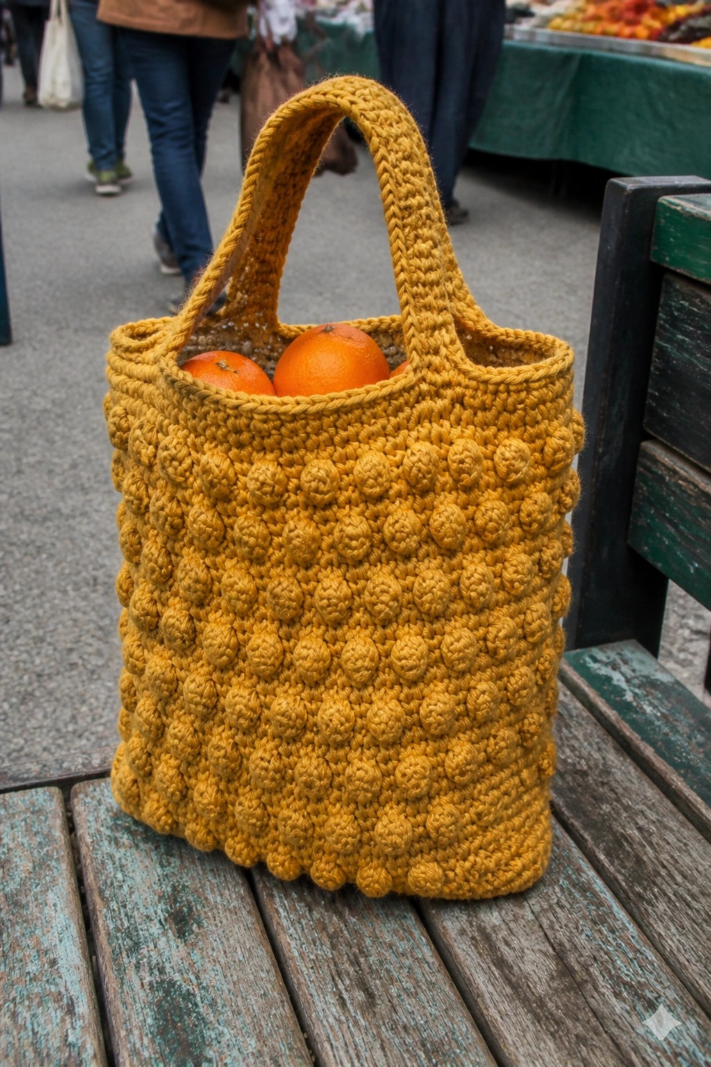 Yellow crocheted bobble tote bag with oranges on weathered wooden bench