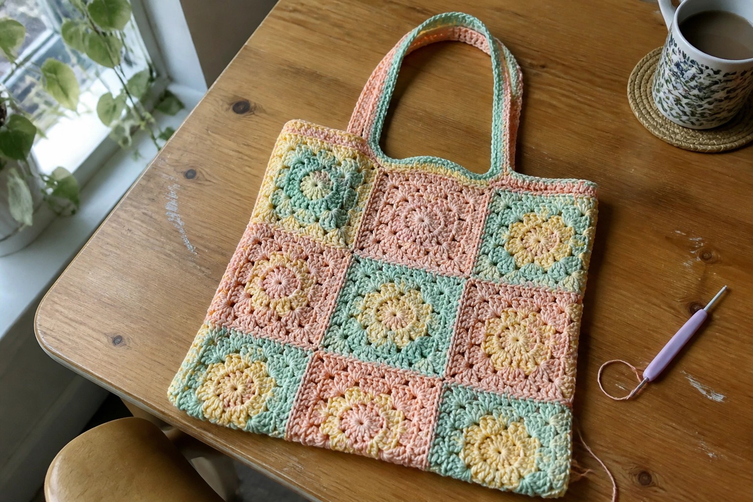 Pastel granny square crocheted tote bag on wooden table with hook.